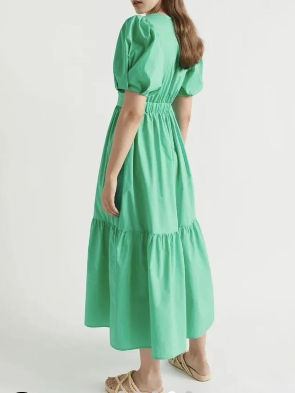 Seed Heritage Poplin Waisted Maxi Dress Jade Green Puff Sleeve V-Neck Size: US 8 - Picture 15 of 16